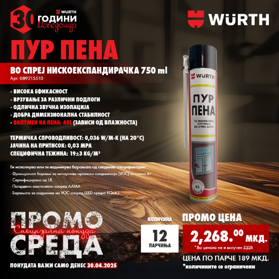 Слика на  Пур пена спреј нискоекспандирачка 750ml-12 пар.