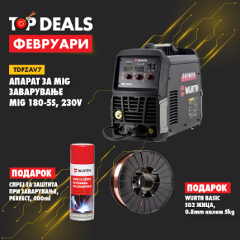 Слика на Апарат за MIG заварување MIG 180-5S, 230V + Wurth Basic SG2 жица, 0.8mm, калем 5kg + Спреј за зашт.при заварување, Perfect, 400ml